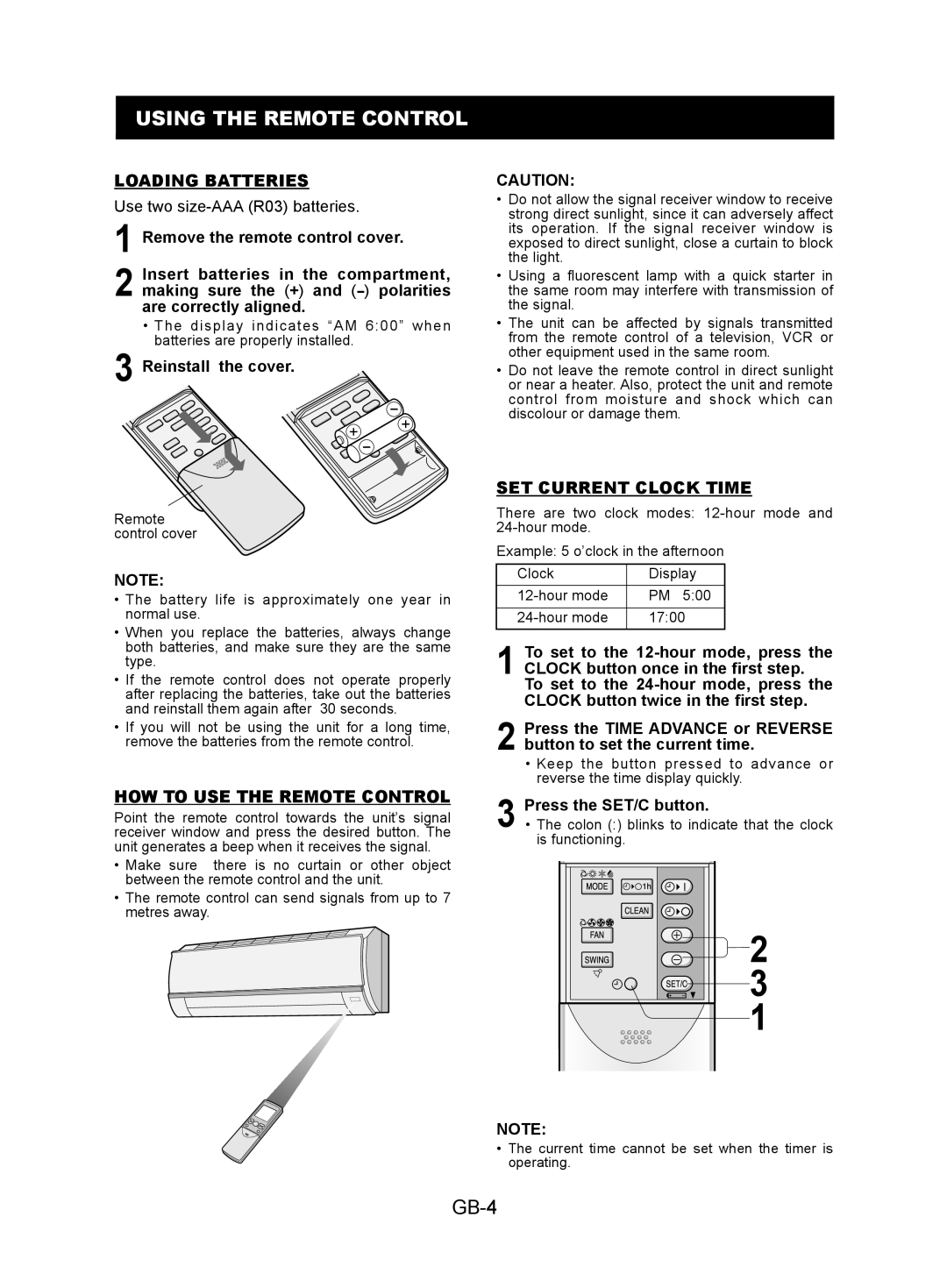 Sharp AY-XPC9JR Using the Remote Control, GB-4, Loading Batteries, HOW to USE the Remote Control, SET Current Clock Time 