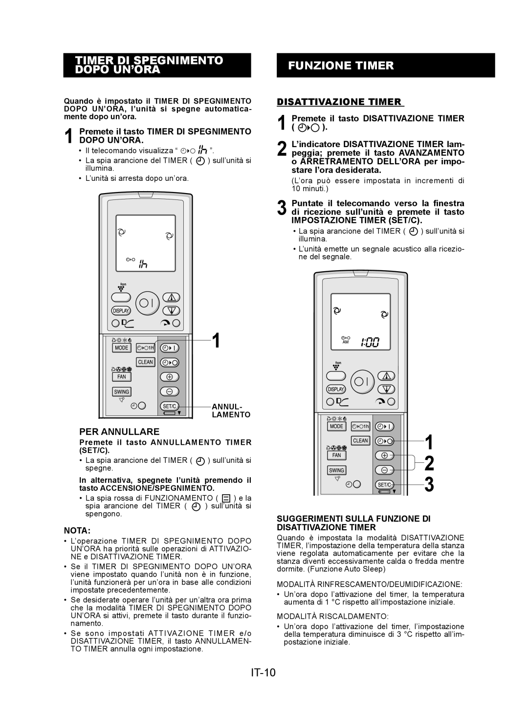 Sharp AY-XPC9JR, AY-XPC7JR, AY-XPC12JR Timer DI Spegnimento Dopo UN’ORA, Funzione Timer, IT-10, Disattivazione Timer 