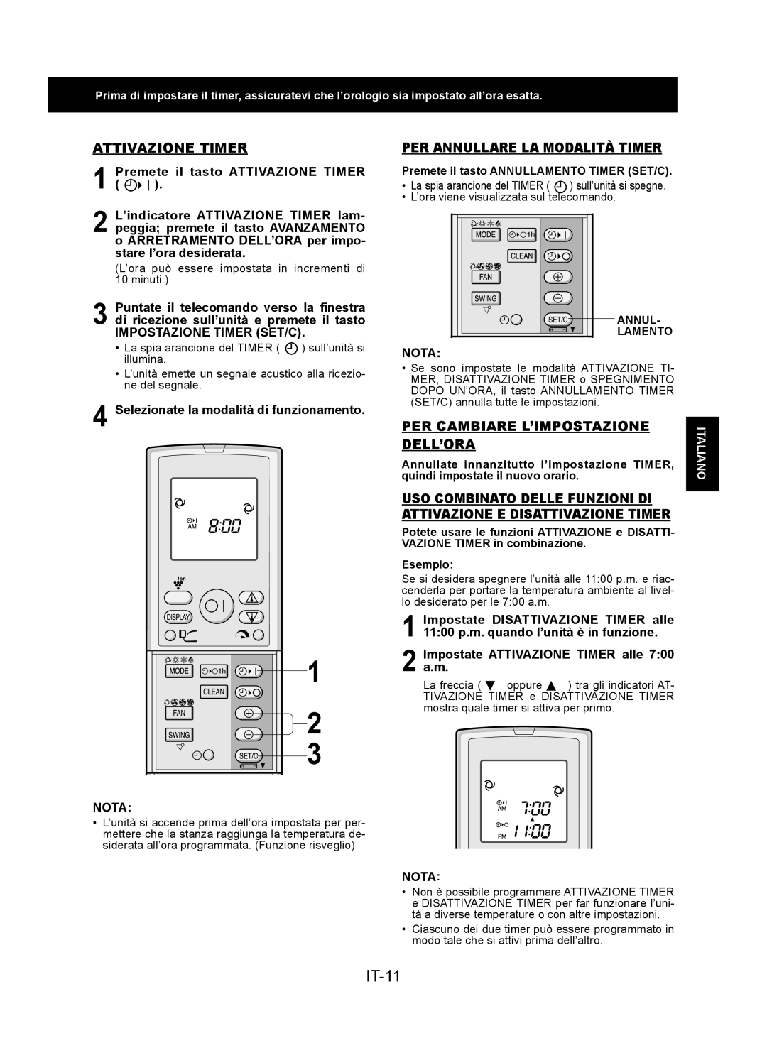 Sharp AY-XPC7JR, AY-XPC9JR IT-11, Attivazione Timer, PER Annullare LA Modalità Timer, PER Cambiare L’IMPOSTAZIONE DELL’ORA 