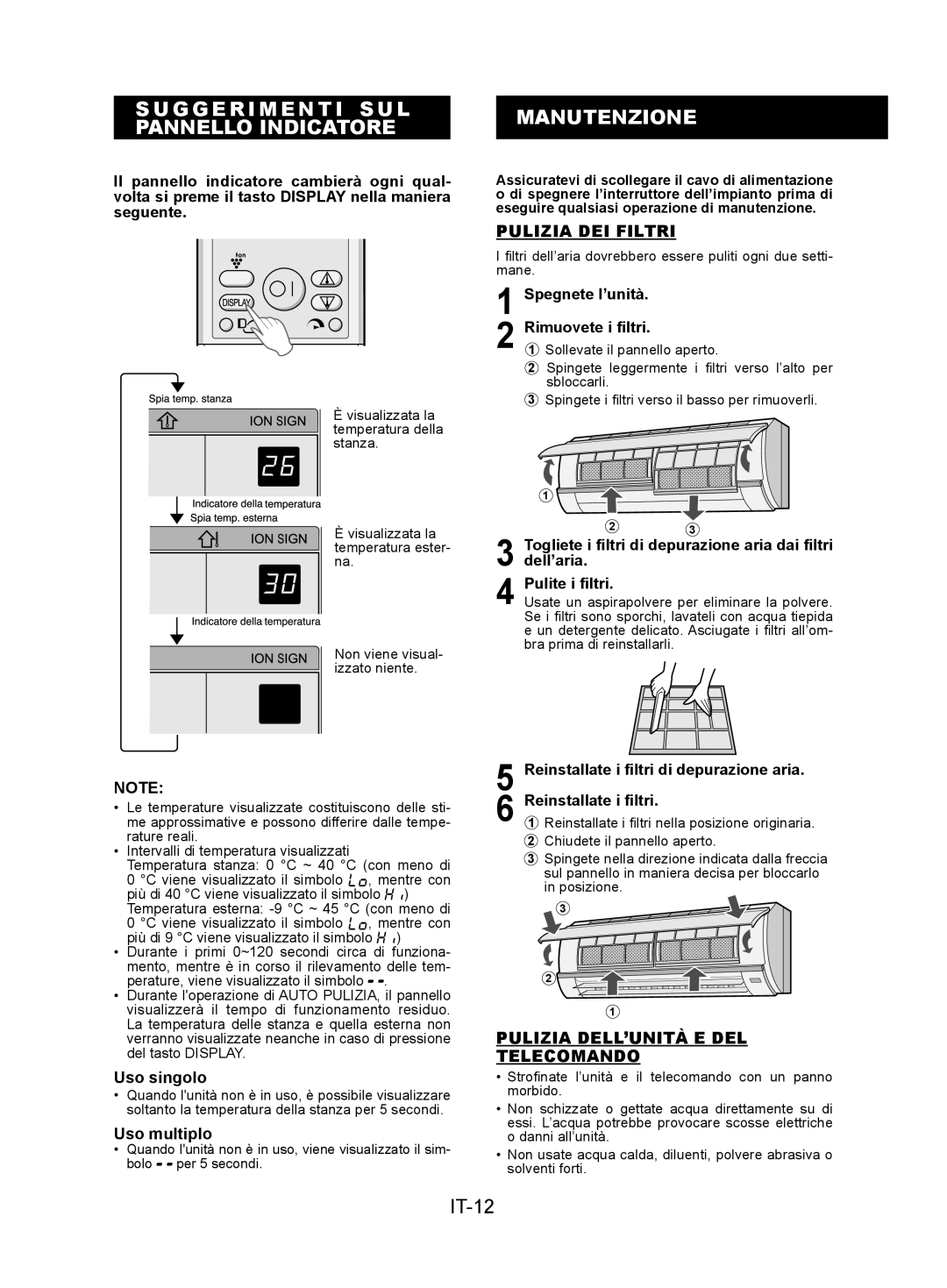 Sharp AY-XPC12JR, AY-XPC9JR, AY-XPC7JR Suggerimenti SUL Manutenzione Pannello Indicatore, IT-12, Pulizia DEI Filtri 