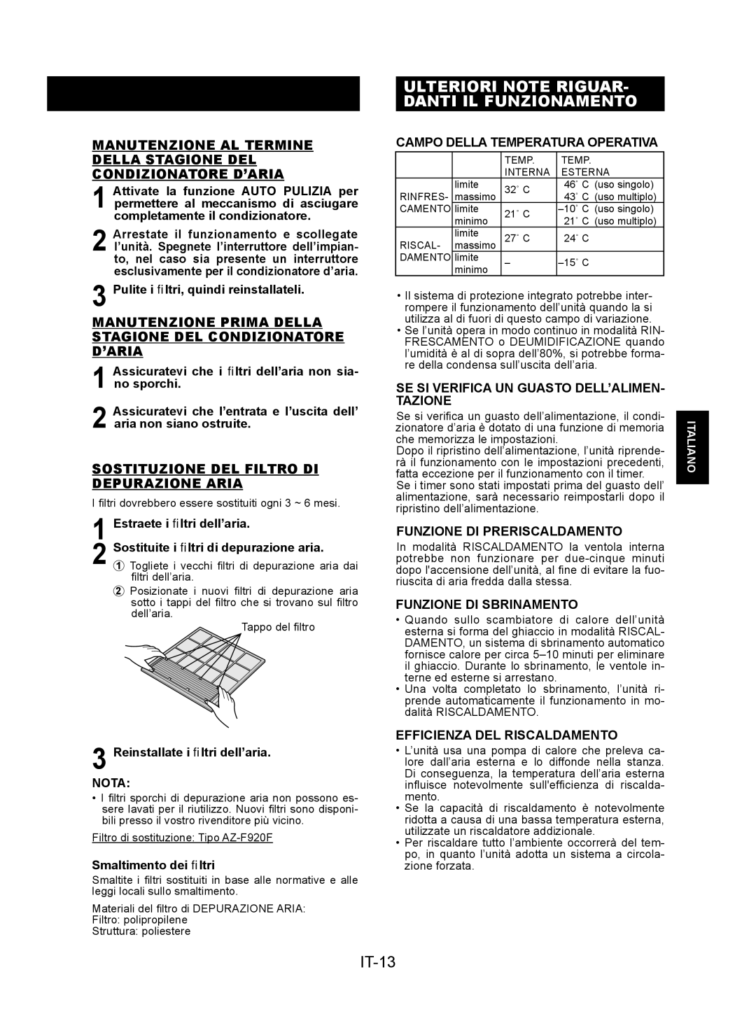 Sharp AY-XPC9JR, AY-XPC7JR, AY-XPC12JR operation manual Ulteriori Note RIGUAR- Danti IL Funzionamento, IT-13 