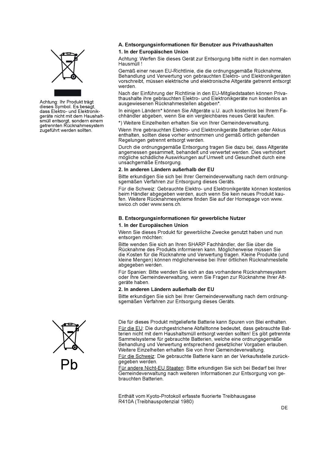 Sharp AY-XPC9JR, AY-XPC7JR, AY-XPC12JR operation manual Anderen Ländern außerhalb der EU 