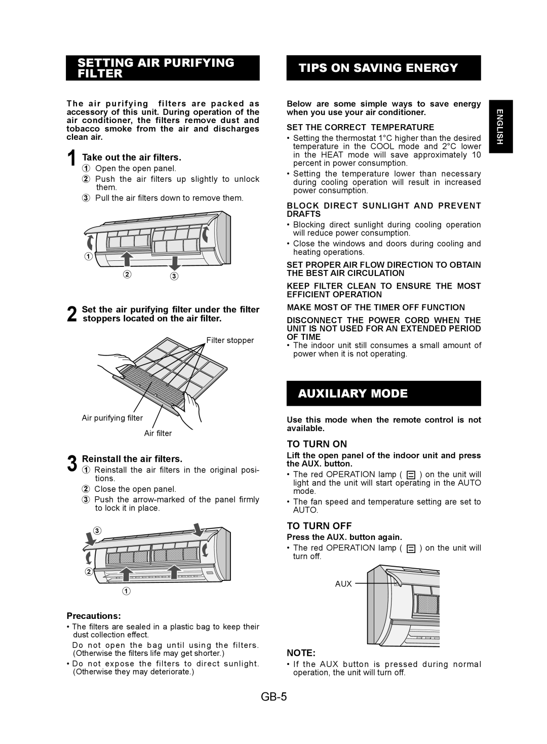 Sharp AY-XPC7JR, AY-XPC9JR, AY-XPC12JR Setting AIR Purifying Filter, Tips on Saving Energy, Auxiliary Mode, GB-5 