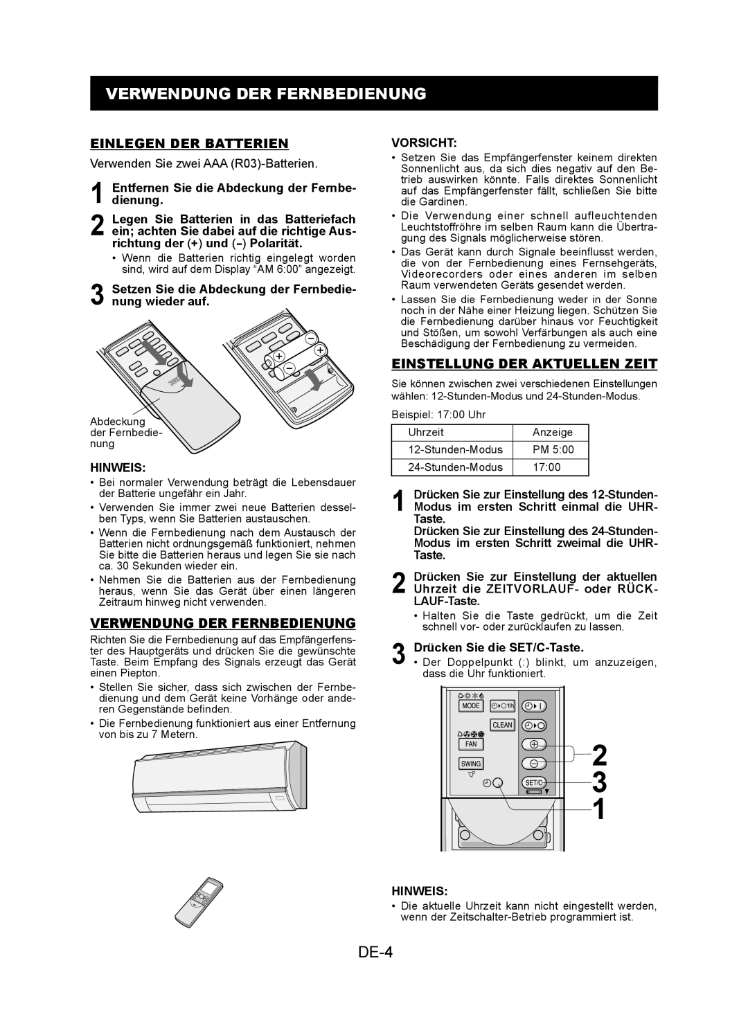 Sharp AY-XPC7JR, AY-XPC9JR Verwendung DER Fernbedienung, DE-4, Einlegen DER Batterien, Einstellung DER Aktuellen Zeit 