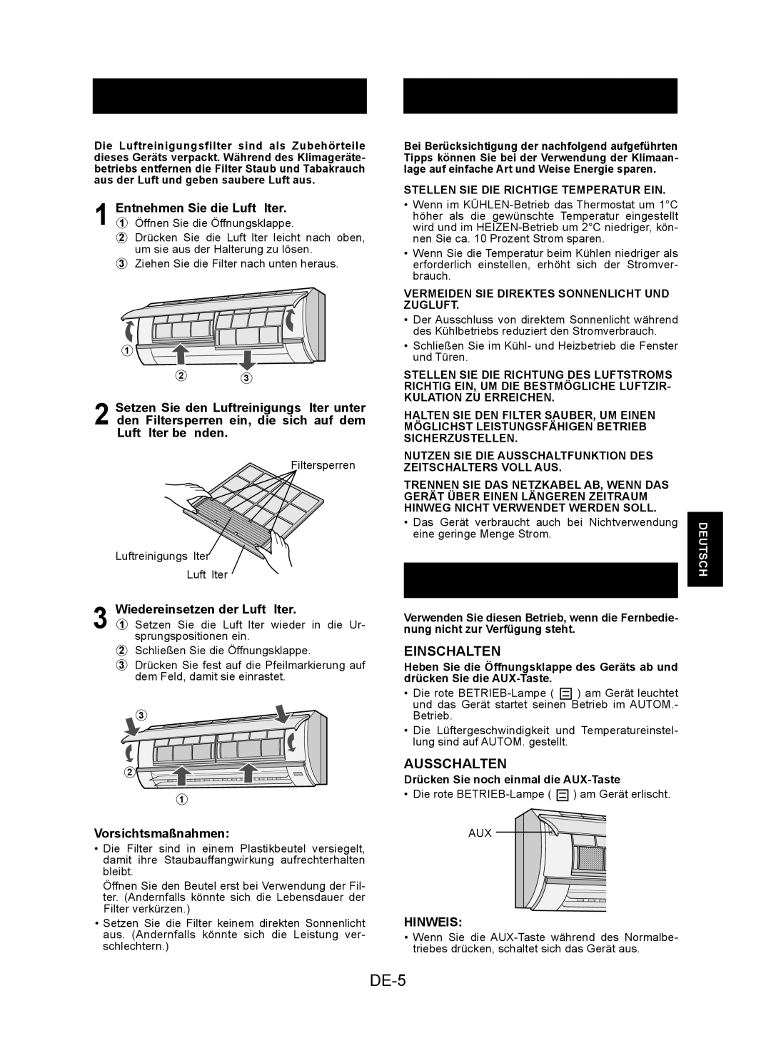 Sharp AY-XPC12JR, AY-XPC9JR, AY-XPC7JR Einstellung DES Luftreinigungfilters, Energiespartipps, Hilfsbetrieb, DE-5 