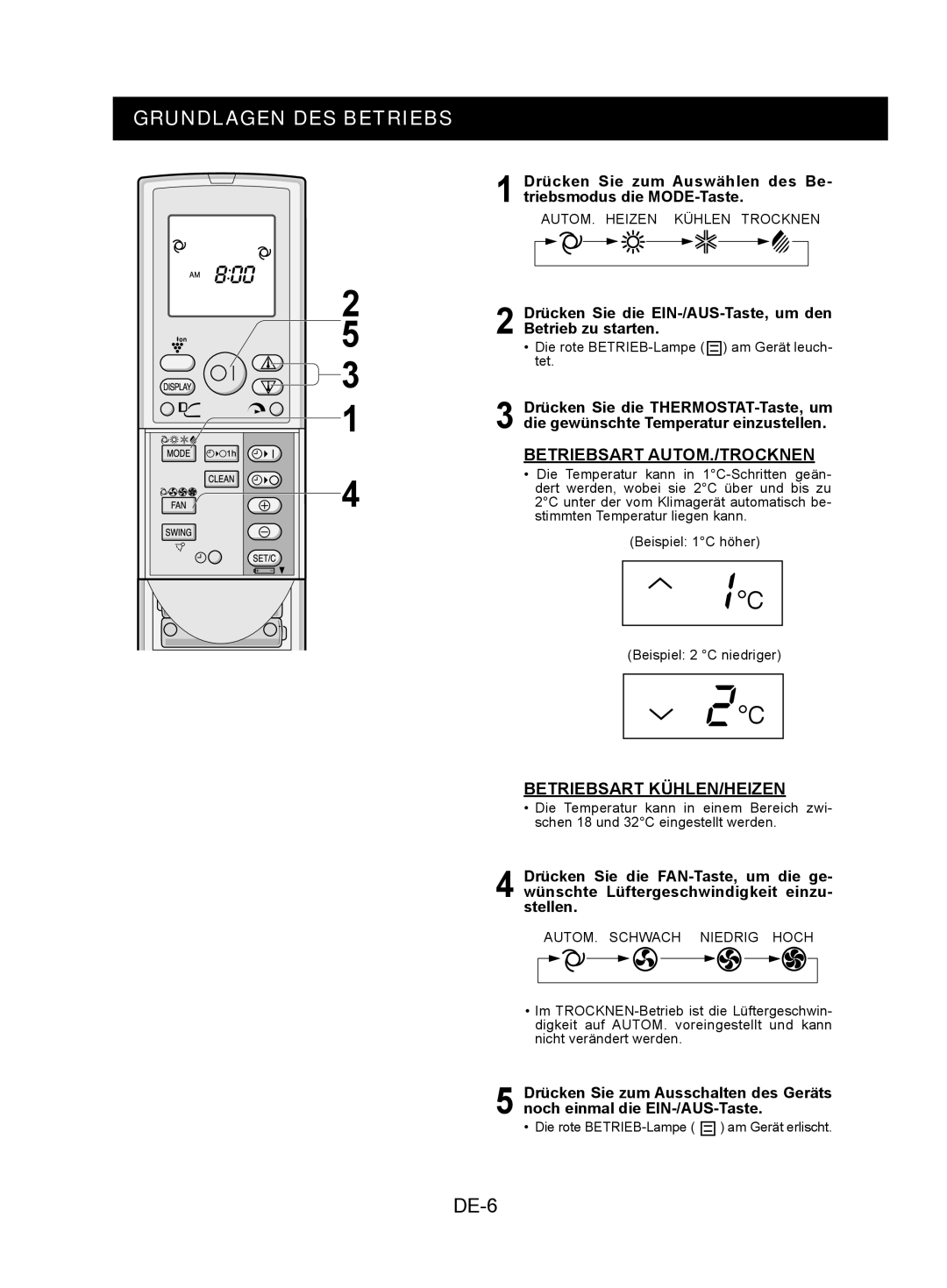 Sharp AY-XPC9JR, AY-XPC7JR Grundlagen DES Betriebs, DE-6, Betriebsart AUTOM./TROCKNEN, Betriebsart KÜHLEN/HEIZEN 