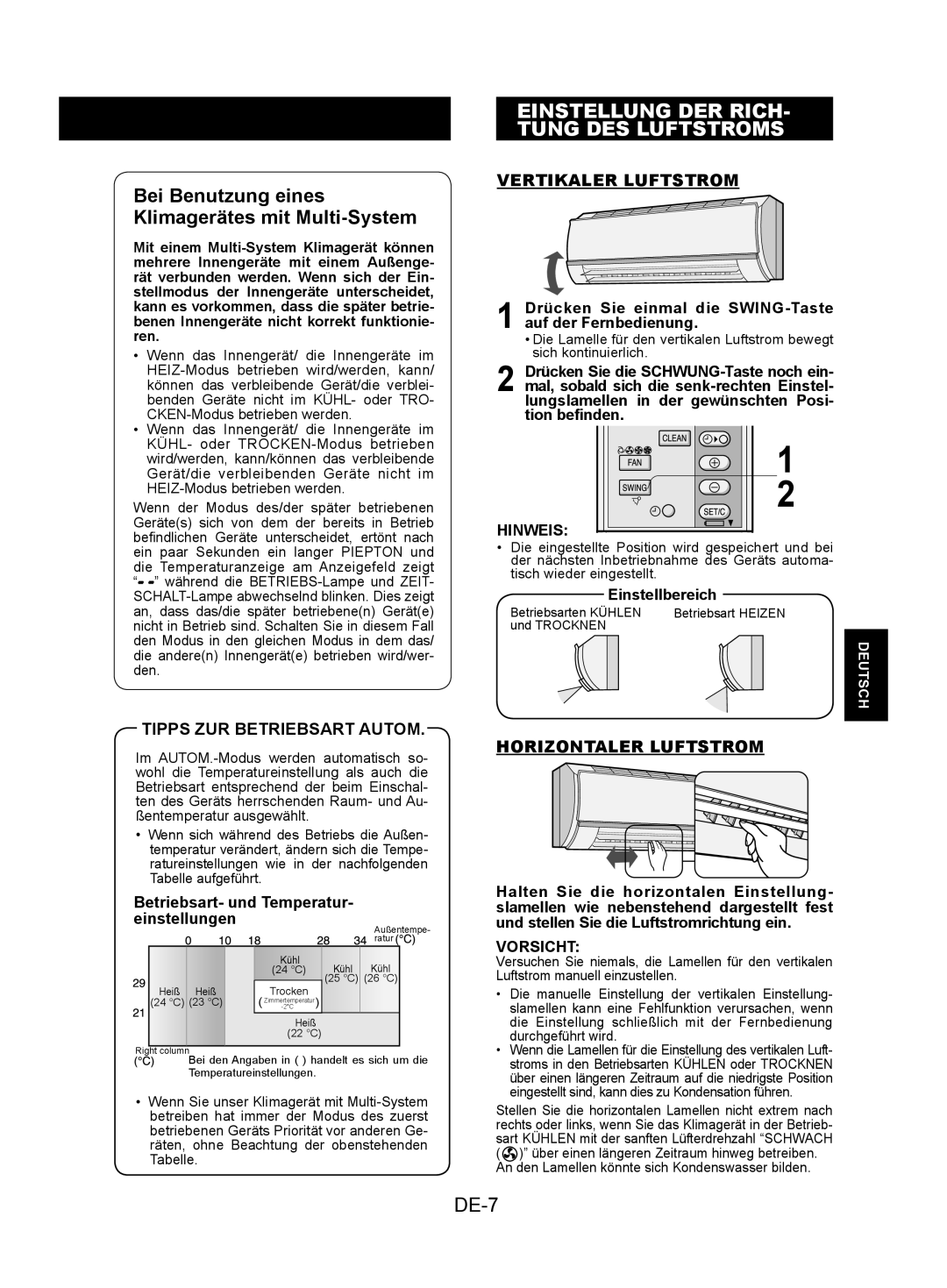 Sharp AY-XPC7JR Einstellung DER Rich Tung DES Luftstroms, DE-7, Tipps ZUR Betriebsart Autom, Vertikaler Luftstrom 