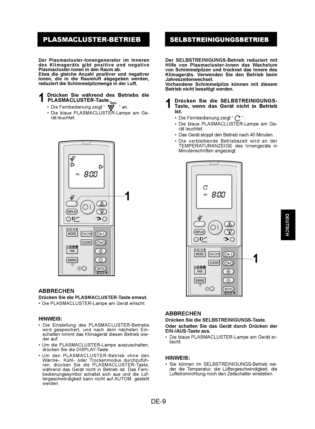 Sharp AY-XPC9JR, AY-XPC7JR PLASMACLUSTER-BETRIEB Selbstreinigungsbetrieb, DE-9, Drücken Sie die PLASMACLUSTER-Taste erneut 