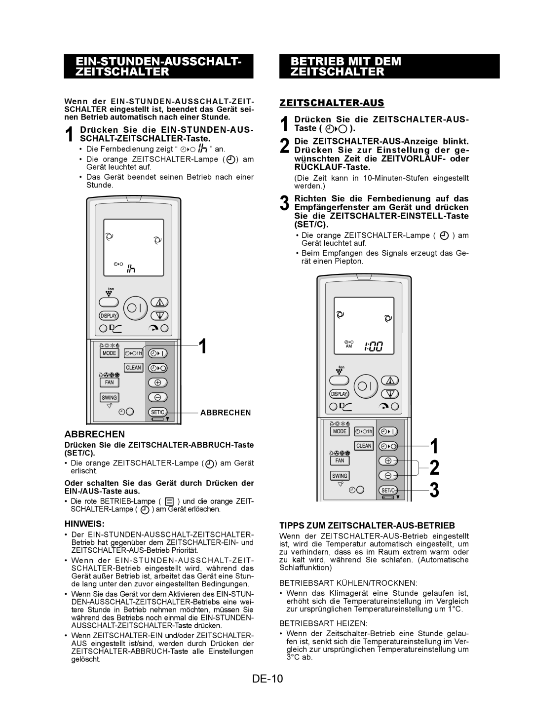 Sharp AY-XPC7JR, AY-XPC9JR EIN-STUNDEN-AUSSCHALT- Zeitschalter, Betrieb MIT DEM Zeitschalter, DE-10, Zeitschalter-Aus 