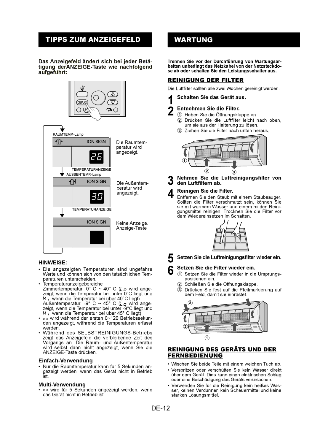 Sharp AY-XPC9JR Tipps ZUM Anzeigefeld Wartung, DE-12, Reinigung DER Filter, Reinigung DES Geräts UND DER Fernbedienung 