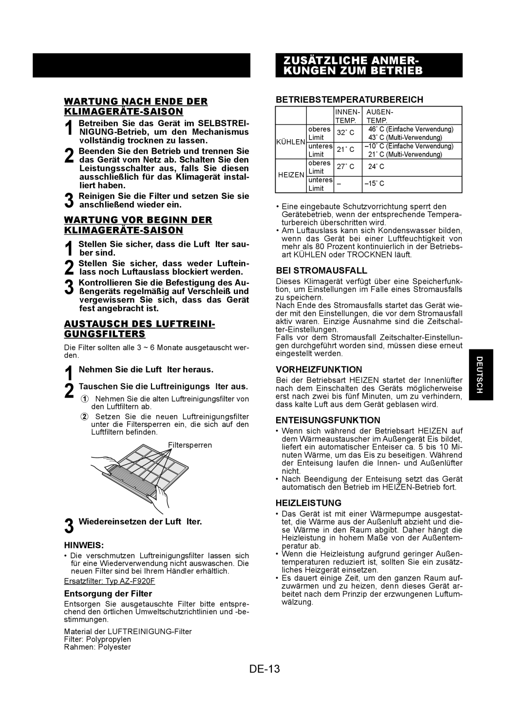 Sharp AY-XPC7JR, AY-XPC9JR, AY-XPC12JR operation manual Zusätzliche Anmer Kungen ZUM Betrieb, DE-13 