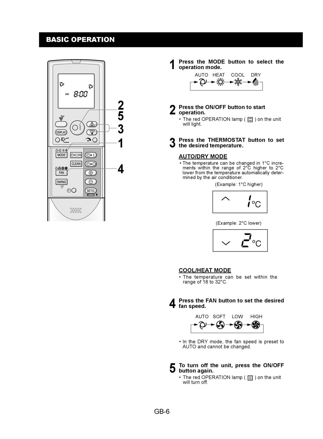 Sharp AY-XPC12JR, AY-XPC9JR, AY-XPC7JR operation manual Basic Operation, GB-6, AUTO/DRY Mode, COOL/HEAT Mode 