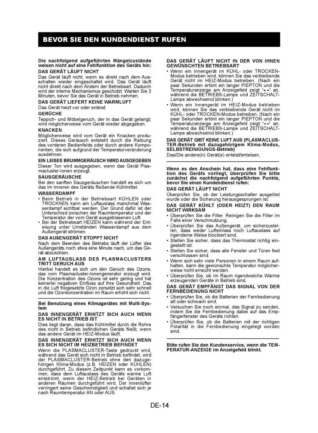 Sharp AY-XPC12JR, AY-XPC9JR, AY-XPC7JR operation manual Bevor SIE DEN Kundendienst Rufen, DE-14 