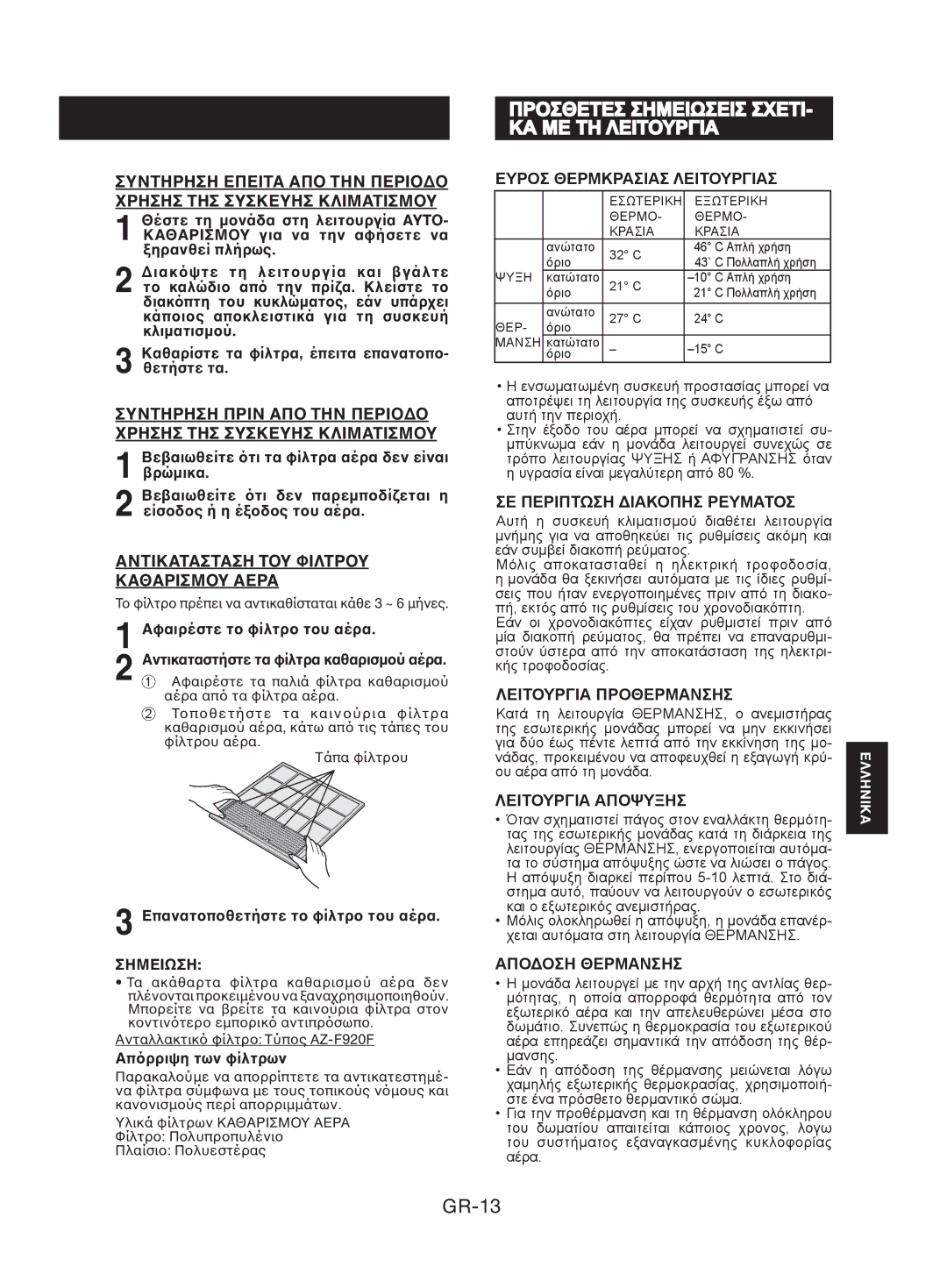 Sharp AY-XPC12JR Προσθετεσ Σημειωσεισ ΣΧΕΤΙ- ΚΑ ΜΕ ΤΗ Λειτουργια, GR-13, Αντικατασταση ΤΥ ΦΙΛΤΡΥ ΚΑΘΑΡΙΣΜΥ Αερα 