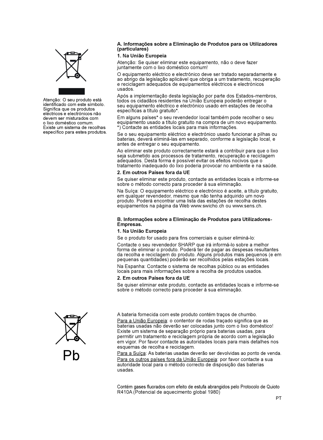 Sharp AY-XPC12JR, AY-XPC9JR, AY-XPC7JR operation manual Em outros Países fora da UE 