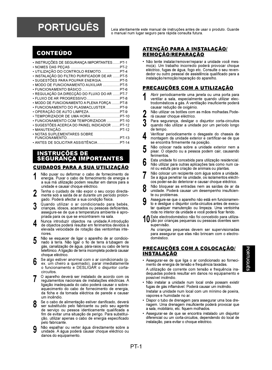 Sharp AY-XPC9JR, AY-XPC7JR, AY-XPC12JR operation manual Conteúdo, Instruções DE Segurança Importantes, PT-1 