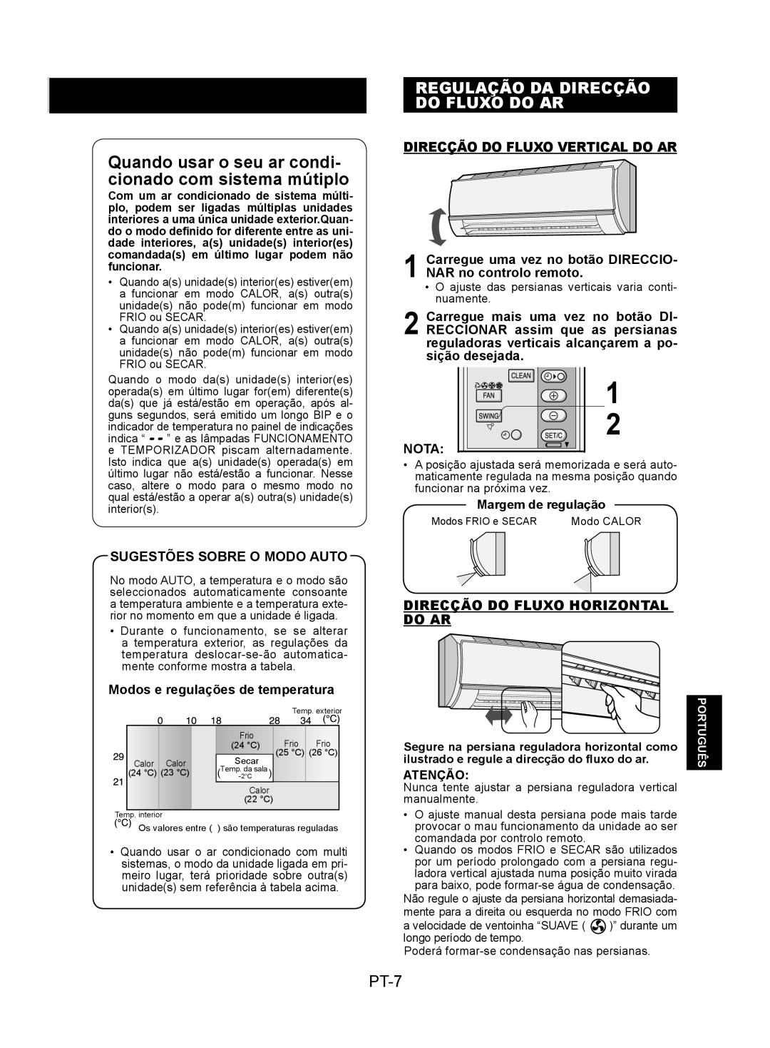 Sharp AY-XPC9JR Regulação Da Direcção Do Fluxo Do Ar, PT-7, Sugestões Sobre O Modo Auto, Direcção Do Fluxo Vertical Do Ar 