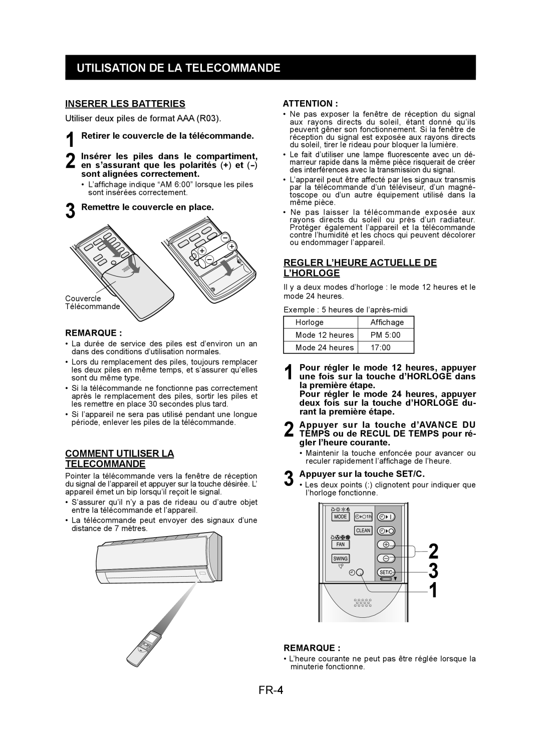 Sharp AY-XPC7JR Utilisation De La Telecommande, FR-4, Inserer Les Batteries, Comment Utiliser La Telecommande, Remarque 