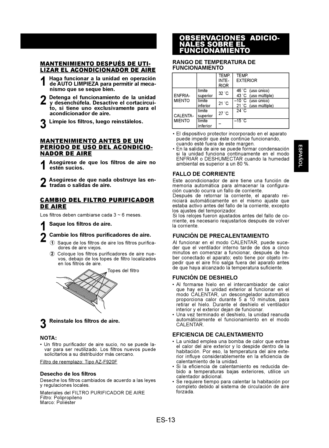 Sharp AY-XPC12JR ES-13, Rango De Temperatura De Funcionamiento, Fallo De Corriente, Función De Precalentamiento, Español 