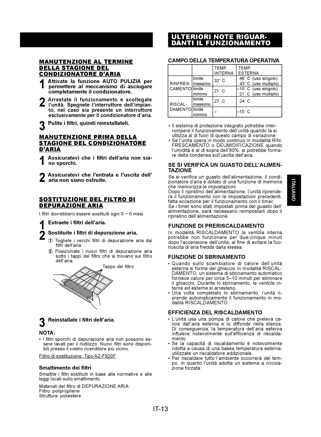Sharp AY-XPC9JR Ulteriori Note Riguar- Danti Il Funzionamento, IT-13, Campo Della Temperatura Operativa, Italiano 
