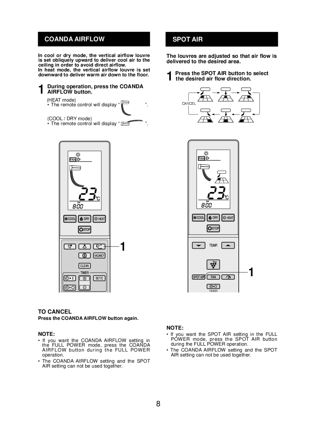 Sharp AY-ZP48LZ Spot AIR, During operation, press the Coanda Airflow button, Press the Coanda Airflow button again 