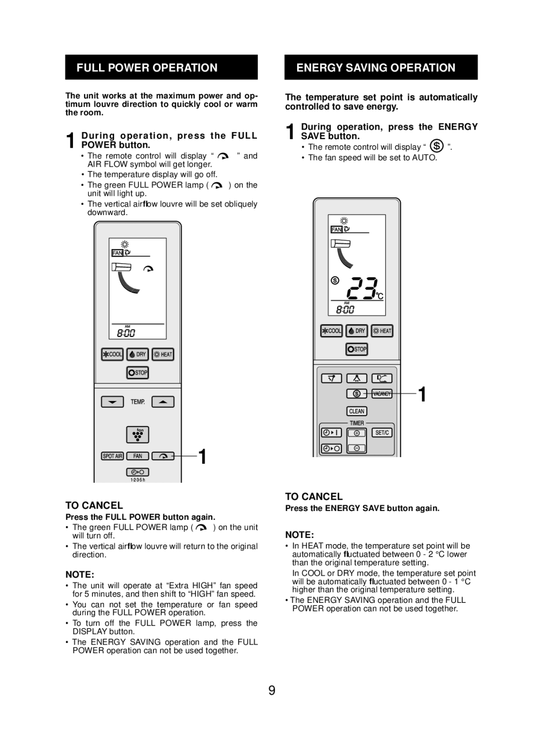 Sharp AE-Z48LZ, AY-ZP48LZ Full Power Operation Energy Saving Operation, During operation, press the Full Power button 