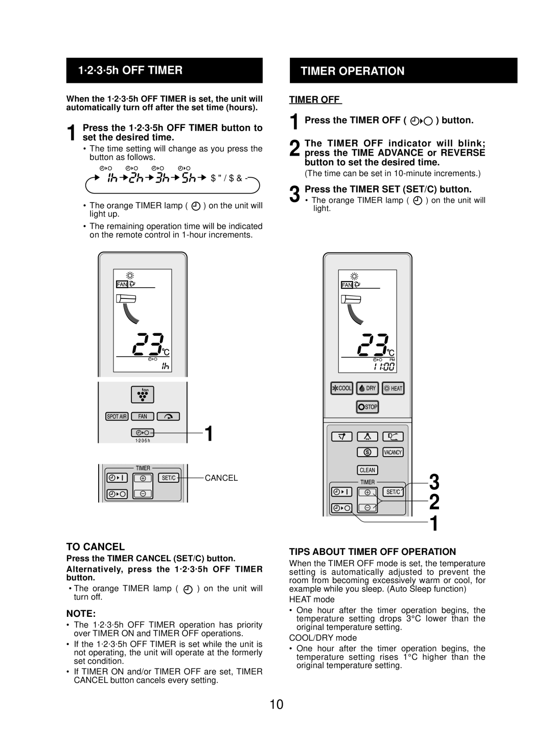 Sharp AY-ZP48LZ, AE-Z48LZ Timer Operation, Press the 1.2.3.5h OFF Timer button to set the desired time, Timer OFF 