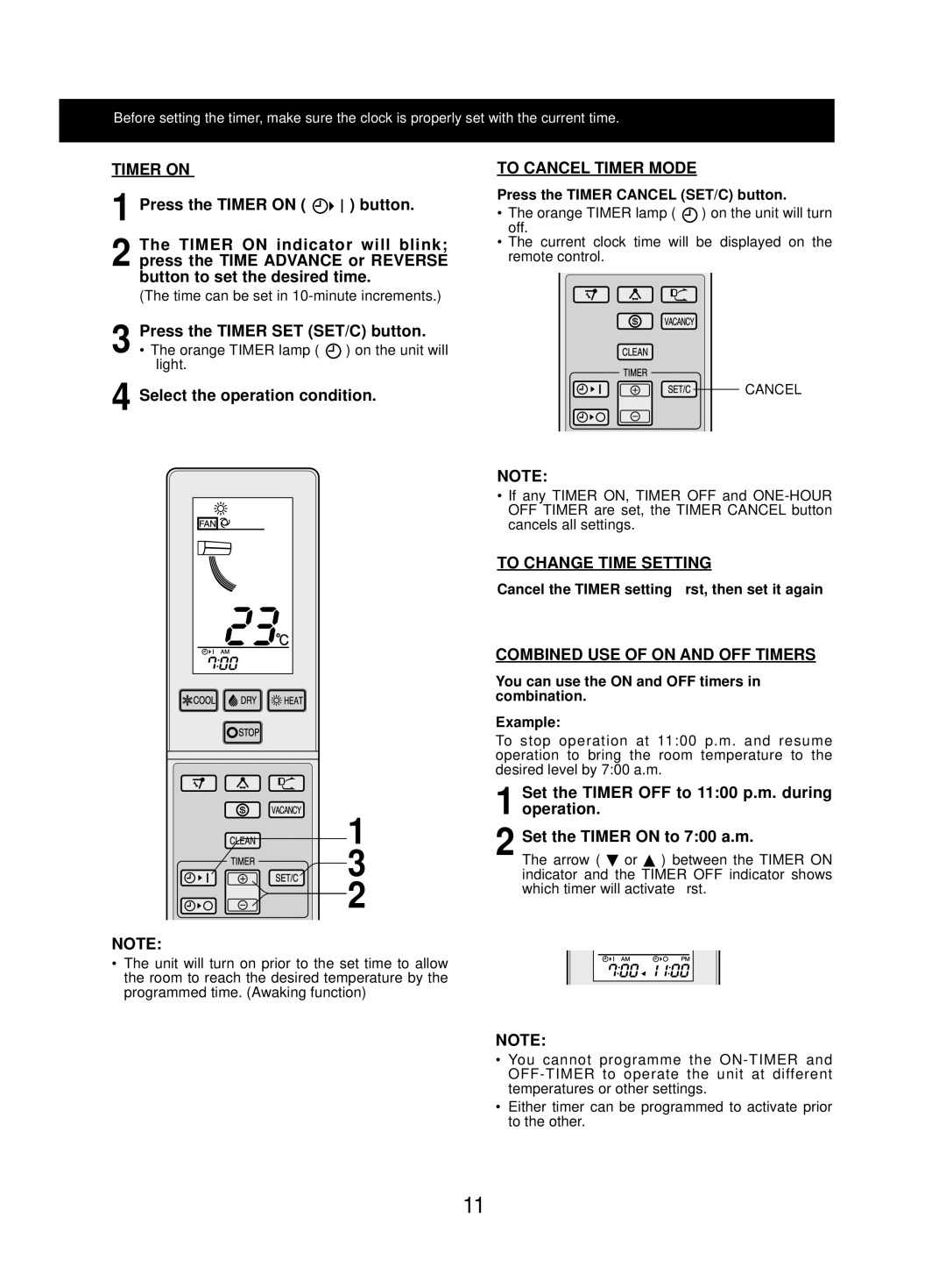 Sharp AE-Z48LZ, AY-ZP48LZ Timer on, To Cancel Timer Mode, To Change Time Setting, Combined USE of on and OFF Timers 