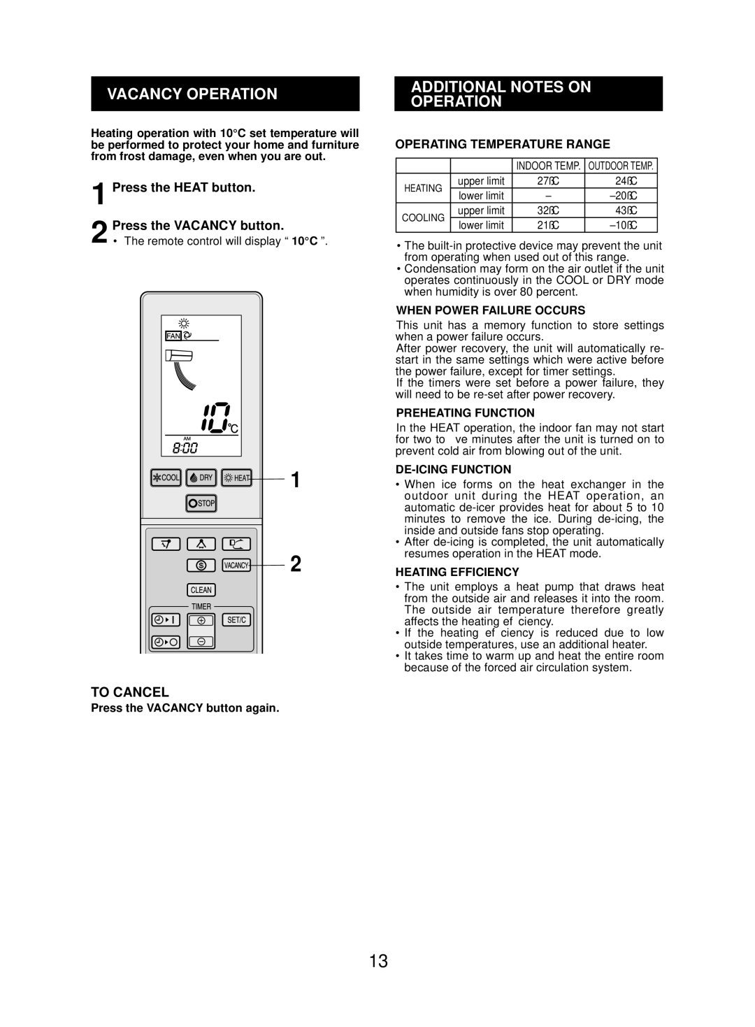 Sharp AE-Z48LZ, AY-ZP48LZ Vacancy Operation, Additional Notes on Operation, Press the Heat button Press the Vacancy button 