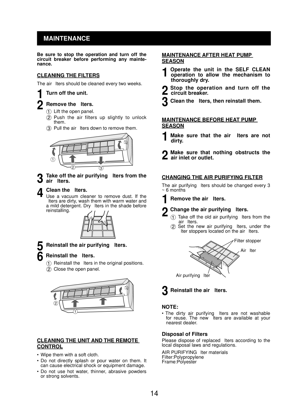 Sharp AY-ZP48LZ, AE-Z48LZ operation manual Maintenance 