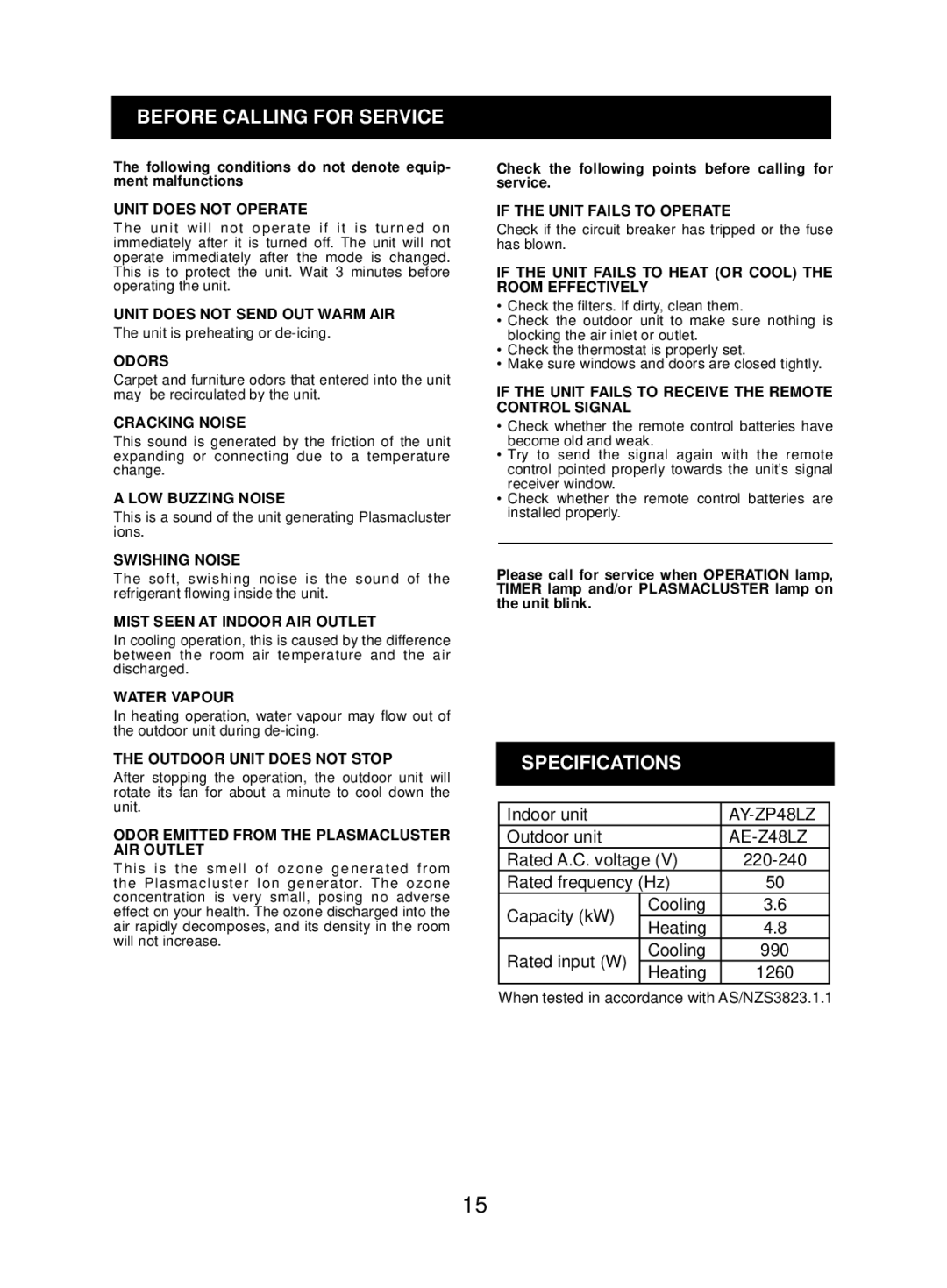 Sharp AE-Z48LZ Before Calling for Service, Specifications, Following conditions do not denote equip- ment malfunctions 