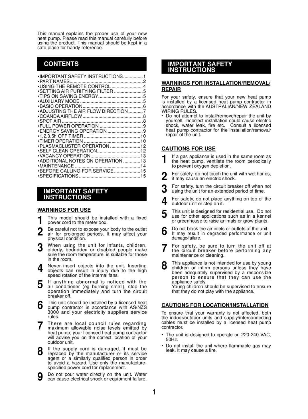 Sharp AE-Z48LZ, AY-ZP48LZ operation manual Contents, Important Safety Instructions 