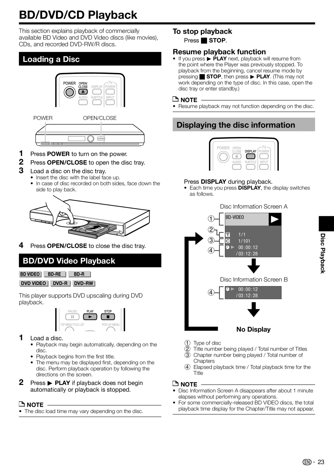 Sharp BD-HP17U operation manual BD/DVD/CD Playback, Loading a Disc, Displaying the disc information, BD/DVD Video Playback 