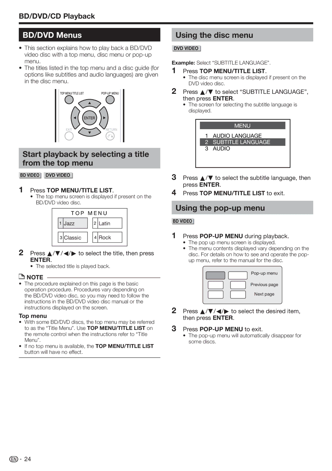 Sharp BD-HP17U operation manual BD/DVD Menus, Start playback by selecting a title from the top menu, Using the disc menu 