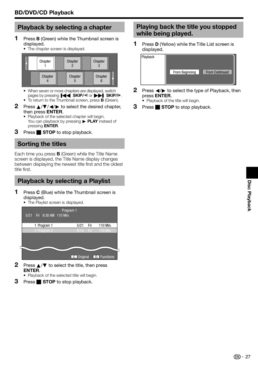 Sharp BD-HP17U Sorting the titles Playback by selecting a Playlist, Playing back the title you stopped while being played 