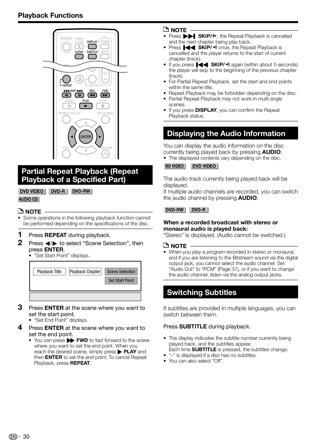 Sharp BD-HP17U Partial Repeat Playback Repeat Playback of a Specified Part, Displaying the Audio Information 