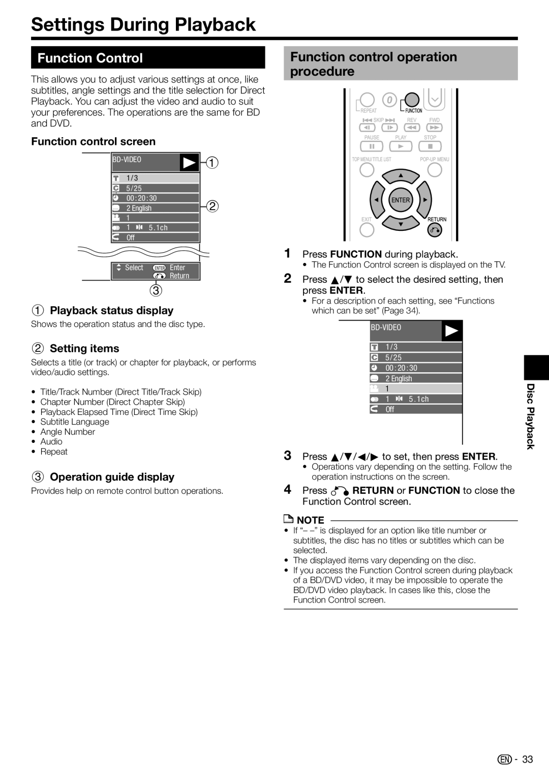 Sharp BD-HP17U operation manual Settings During Playback, Function Control, Function control operation procedure 