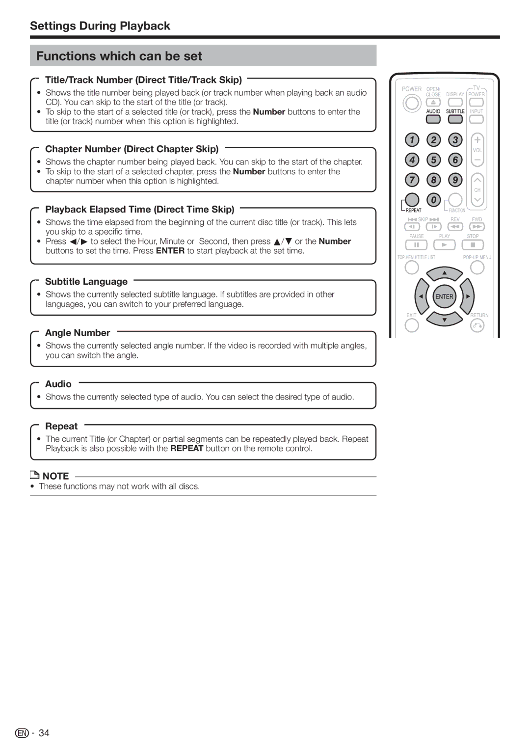 Sharp BD-HP17U operation manual Functions which can be set, Settings During Playback 