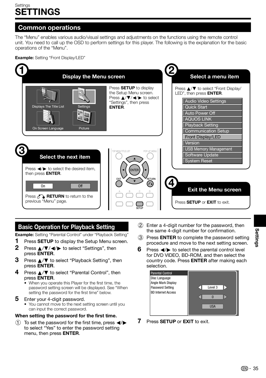 Sharp BD-HP17U Common operations, Basic Operation for Playback Setting, Enter your 4-digit password, Settings 