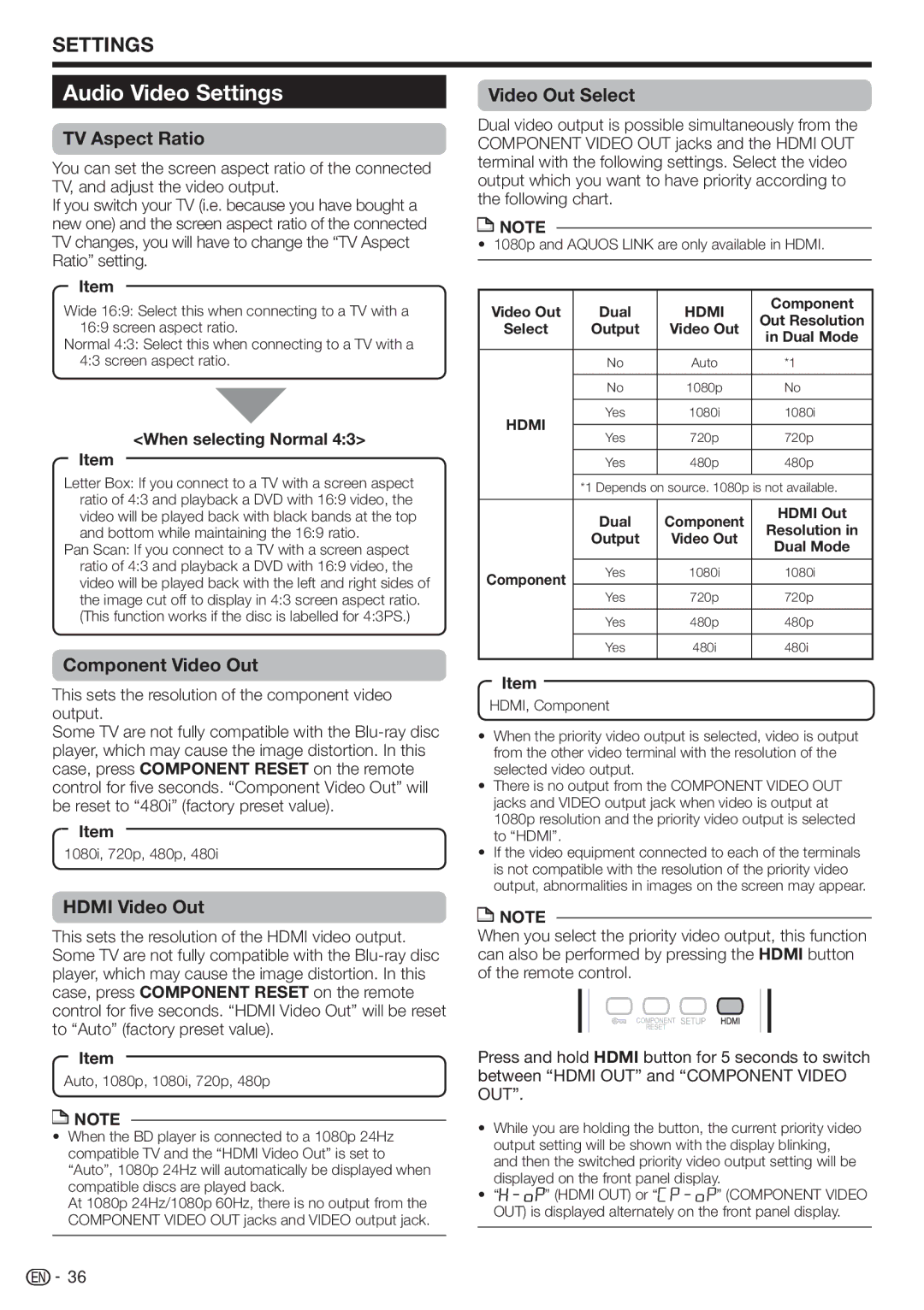 Sharp BD-HP17U Audio Video Settings, TV Aspect Ratio, Component Video Out, Hdmi Video Out, Video Out Select 