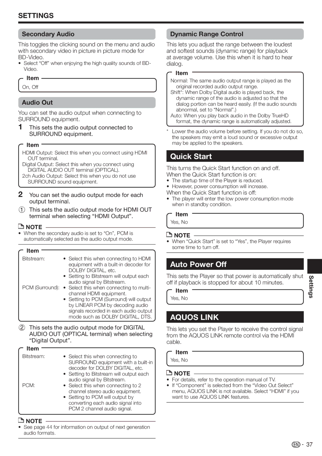 Sharp BD-HP17U operation manual Quick Start, Auto Power Off, Secondary Audio Dynamic Range Control, Audio Out 