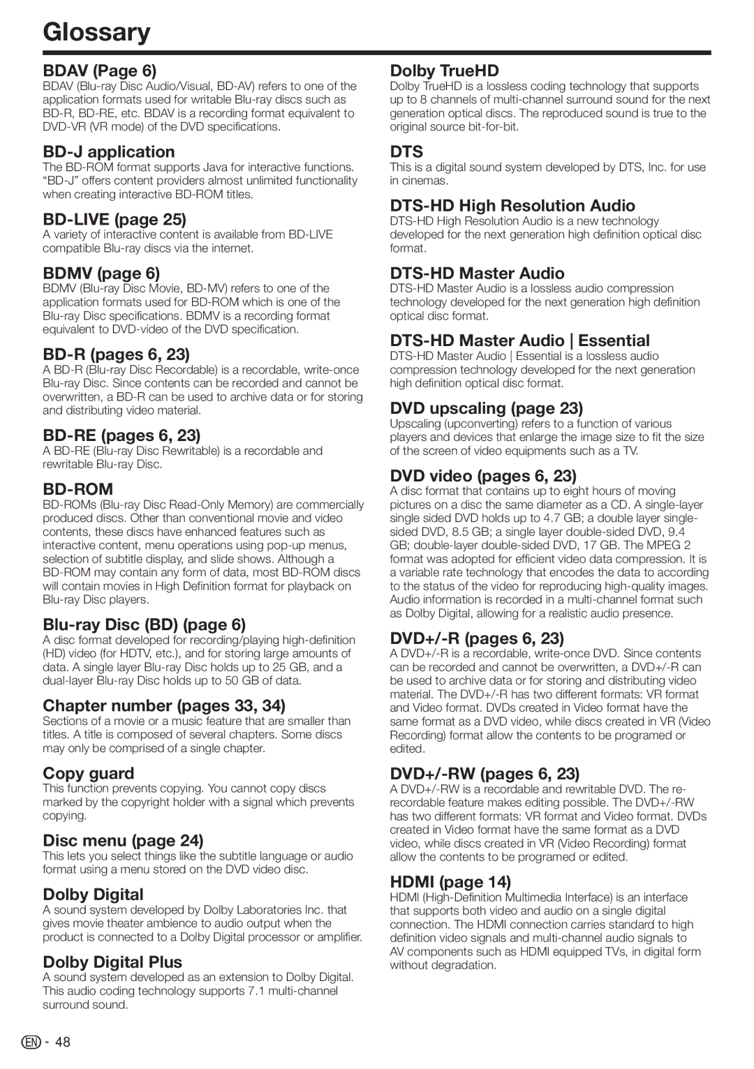 Sharp BD-HP17U operation manual Glossary 