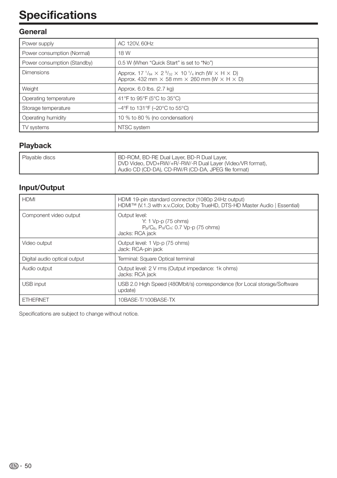 Sharp BD-HP17U operation manual Specifications, General, Playback, Input/Output 