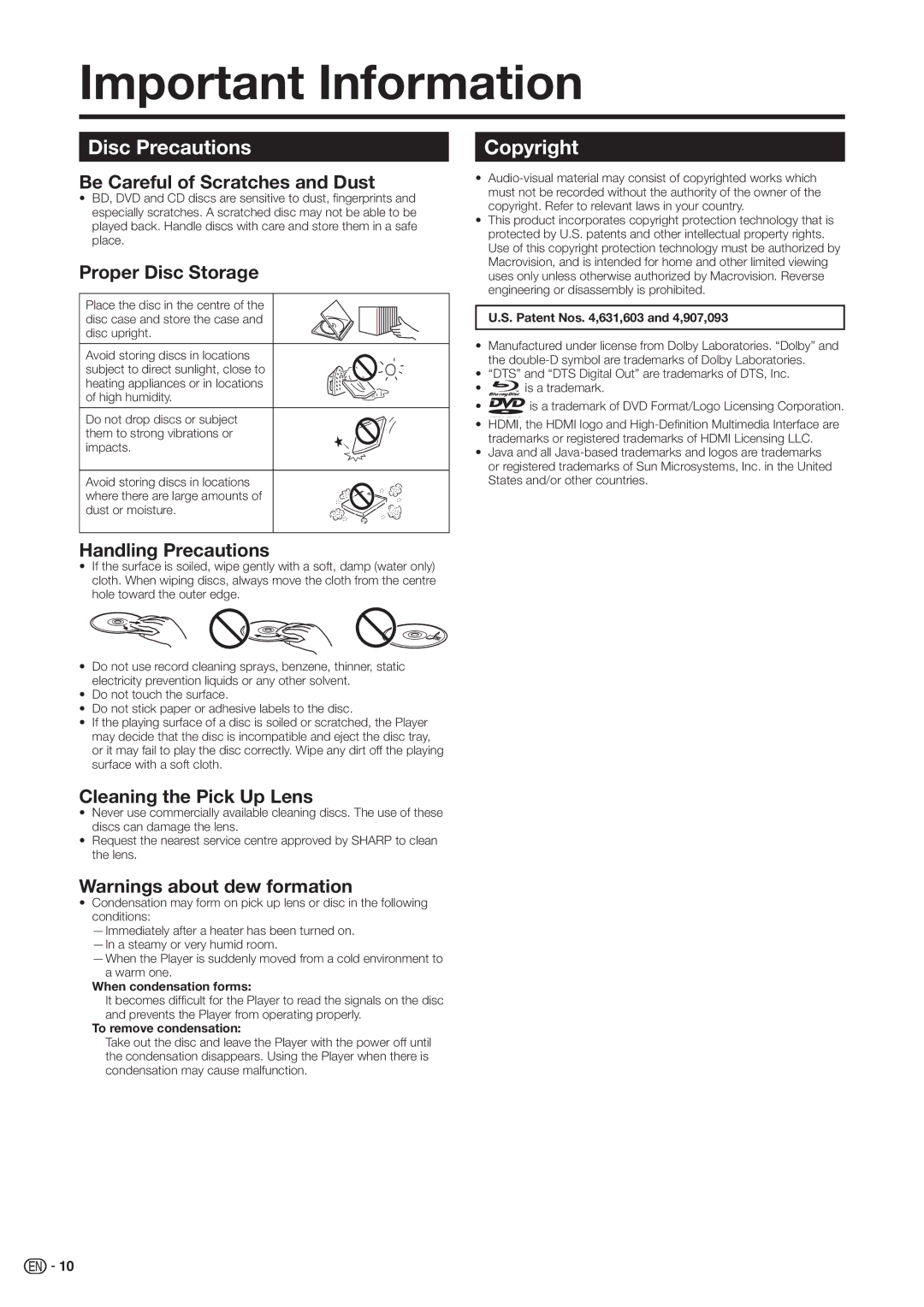 Sharp BD-HP20H operation manual Important Information, Disc Precautions, Copyright 