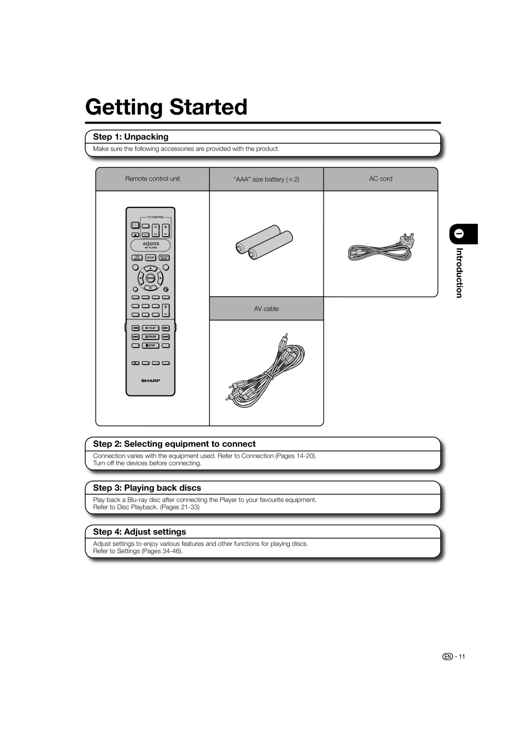 Sharp BD-HP20H Getting Started, Unpacking, Selecting equipment to connect, Playing back discs, Adjust settings 