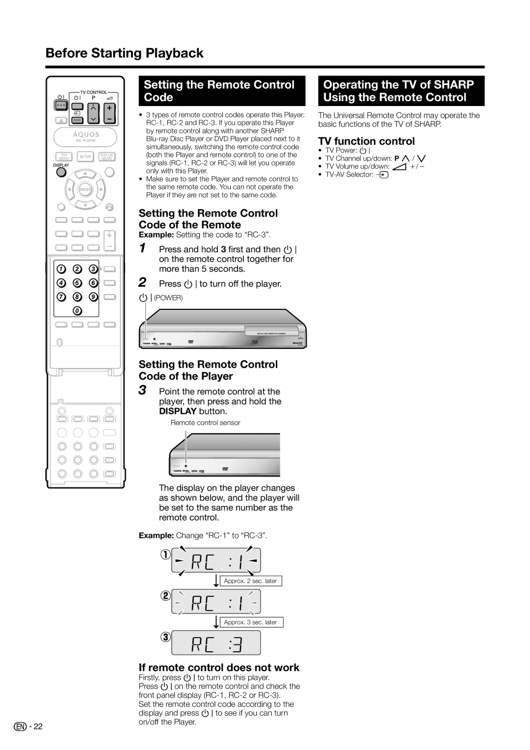 Sharp BD-HP20H operation manual Before Starting Playback, Setting the Remote Control Code 