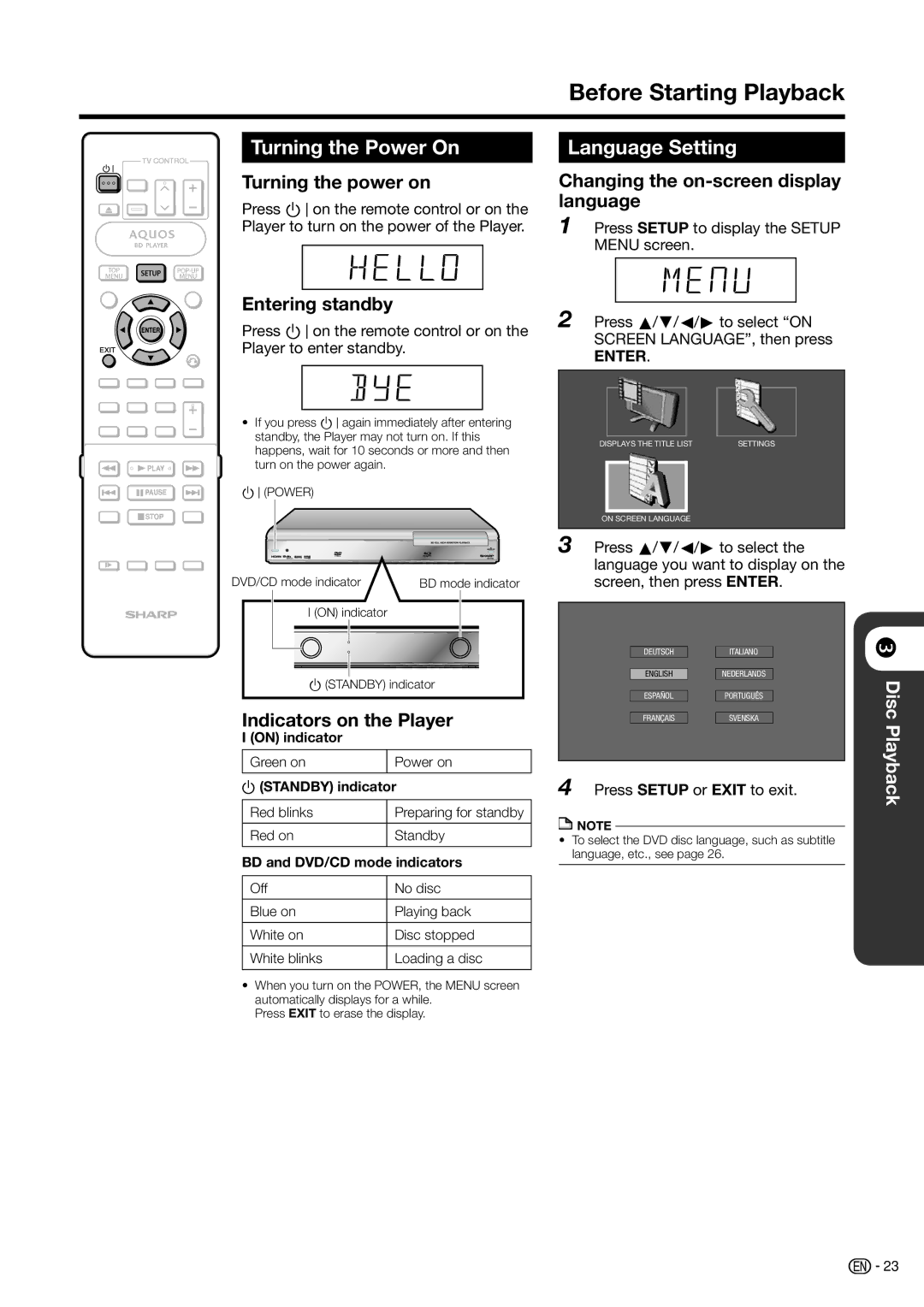 Sharp BD-HP20H operation manual Turning the Power On, Language Setting 