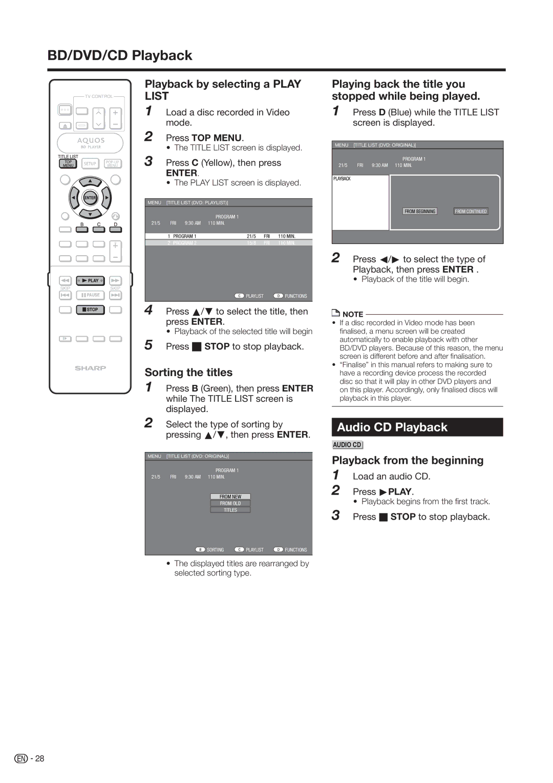 Sharp BD-HP20H operation manual Audio CD Playback, Playback by selecting a Play List, Sorting the titles 