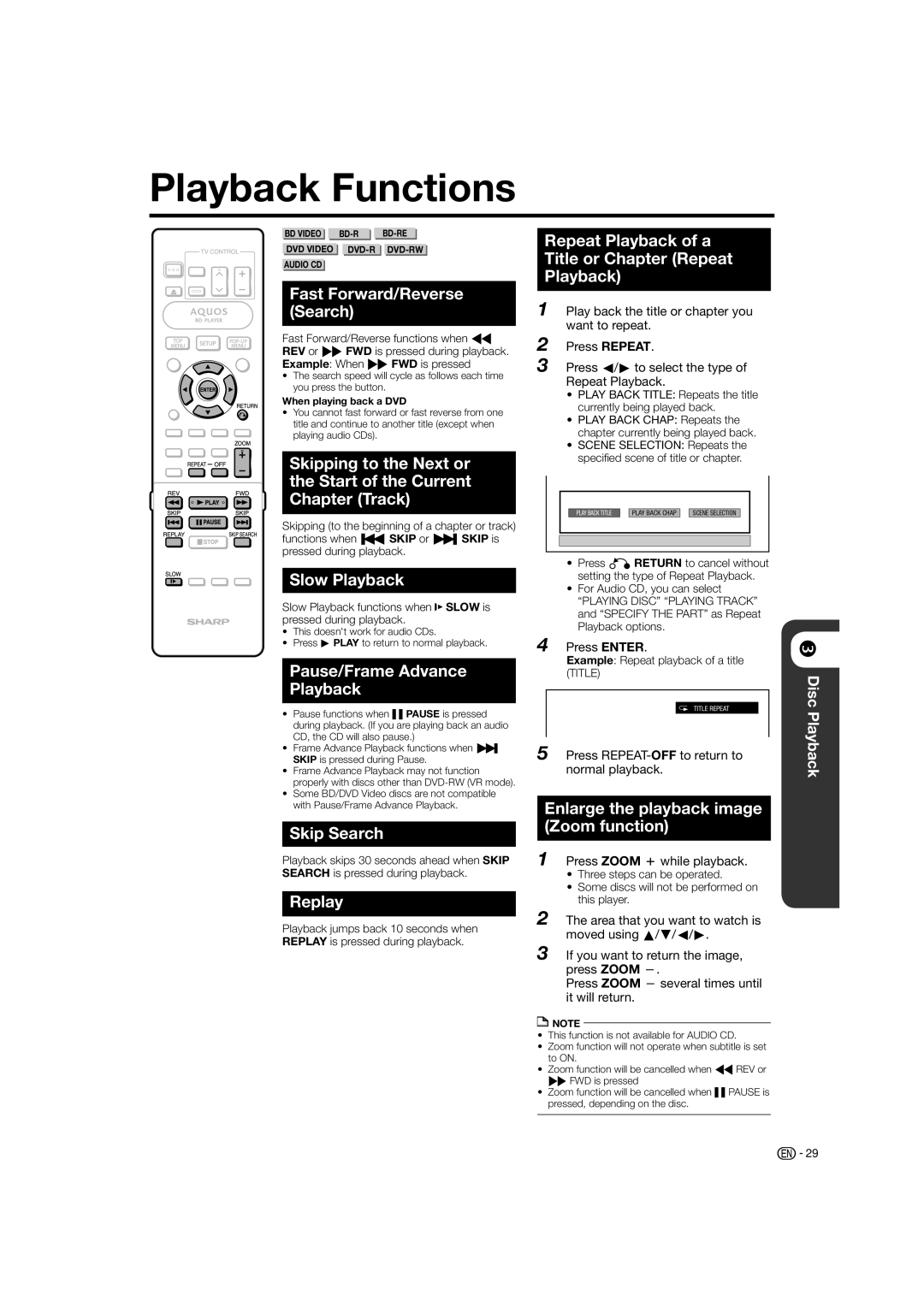 Sharp BD-HP20H operation manual Playback Functions 