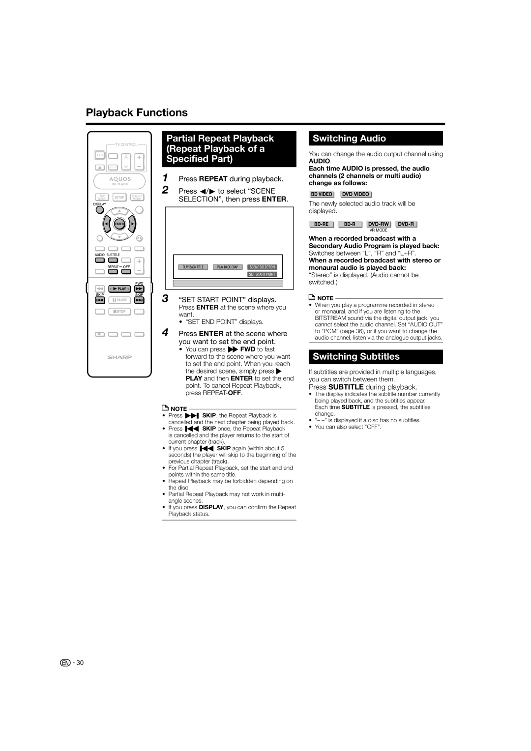 Sharp BD-HP20H Playback Functions, Partial Repeat Playback Repeat Playback of a Speciﬁed Part, Switching Audio 